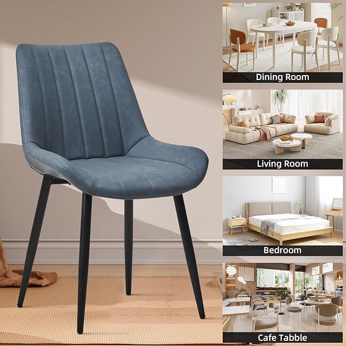 Dining Chairs Set of 4, Faux Leather Modern Linear Design Dining Chair with Metal Legs, 16.9" Seat Width Chair for Kitchen, Lounge, Reception Room, Restaurant, Commercial (Haze Blue)