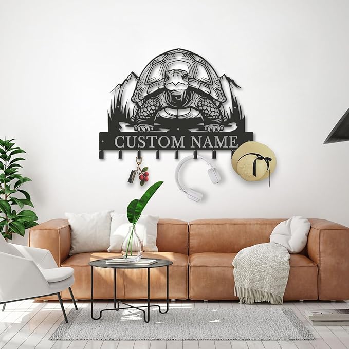 Custom Tortoise Metal Key Holder for Wall, Personalized Family Name Metal Sign with Hooks, Entryway Coat Rack and Organizer for Keys, Leashes, Hats (Style-3)