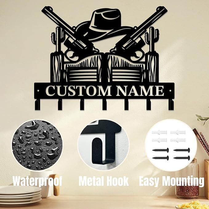 Personalized Custom Name West Cowboy Keys Hooks,Metal Cowboy Art Clothes Keys Hooks,Metal Cowboy Lover Wall Home Storage Decorative Keys Hooks,Key Holder Hooks for Wall (Style D)