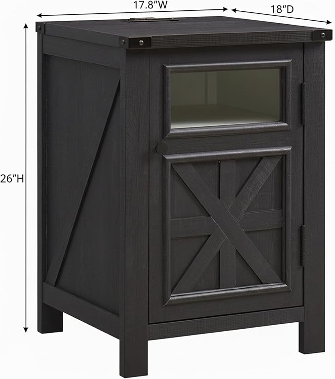 Nightstand with Charging Station, 18" Farmhouse End Table with Barn Door & Adjustable Shelf, Wood Sofa Side Table with 3-Tier Storage for Living Room, Bedroom, Black