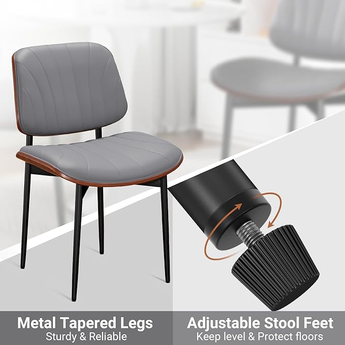 Dining Chairs Set of 8, Mid-Century Modern Upholstered PU Leather Chairs with Walnut Back and Metal Legs Adjustable Feet for Kitchen Dining Room, Dark Gray Shell Strips