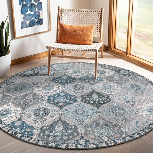 Lahome Moroccan Trellis Washable Round Area Rug, Soft Round Rugs 6ft Ultra-Thin Non-Slip, Vintage Large Circle Carpet for Bedroom Living Room Kitchen Nursery, Blue