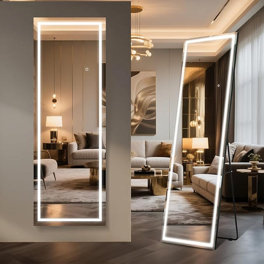 64" x 21" Full Length LED Floor Mirror - Big Wall/Standing Mirror with Lights, Dimmable Touch Screen & Adjustable Color (White/Warm Light), Full Body Mirror for Bedroom, Dressing Room, Vanity, Makeup