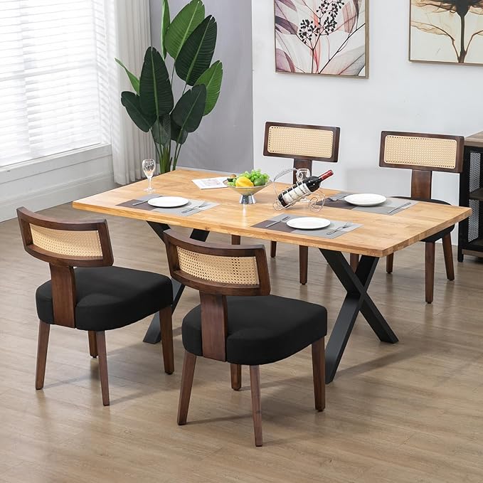 Upholstered Rattan Dining Chairs Set of 6, Mid-Century Modern Fabric Dining Room Chairs with Brown Hardwood Frame, Curved Backrest Kitchen Armless Accent Chairs for Living Room (Black)
