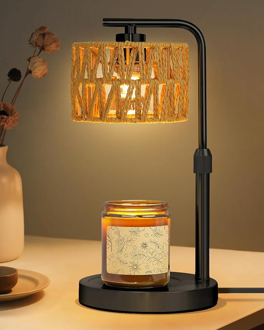 Candle Warmer Lamp, Timer Dimmable Candle Lamp, Adjustable Height and Brightness Candle Warmer, Boho Rattan Lampshade and 2 Bulbs, Suitable for Home Decor, Birthday Gifts for Women Mom (Black)