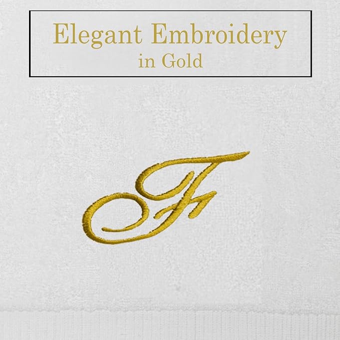 White Monogrammed Hand Towels for Bathroom - Luxury Hotel Quality Personalized Initial Embroidered Towel for Powder Room, Spa - GOTS Organic Certified - Set of 2 Gold Letter F