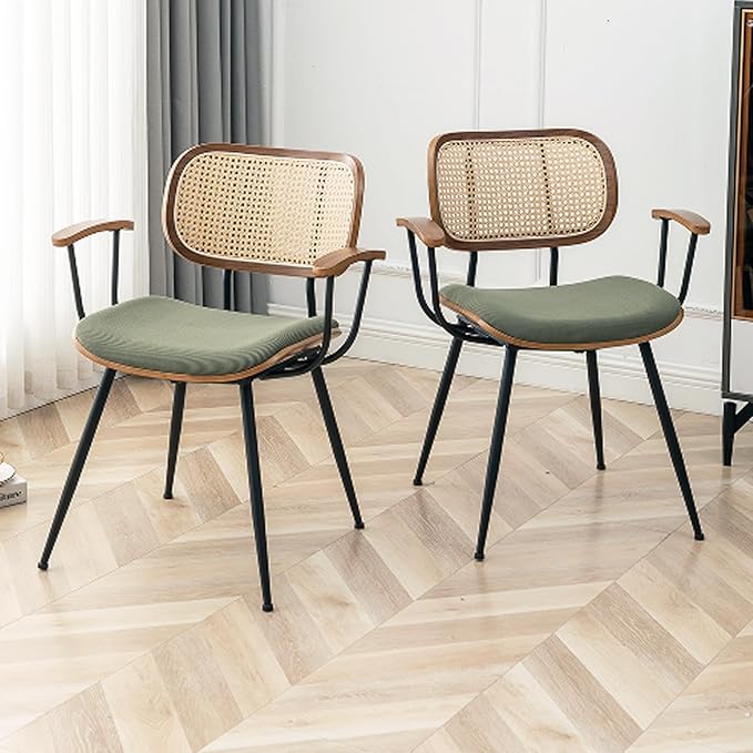 Rattan Dining Chairs Set of 4, Mid Century Modern Kitchen Side Chair, Metal Legs Desk Chair, Linen Fabric Accent Chair with Arms and Rattan Backrest, Beige