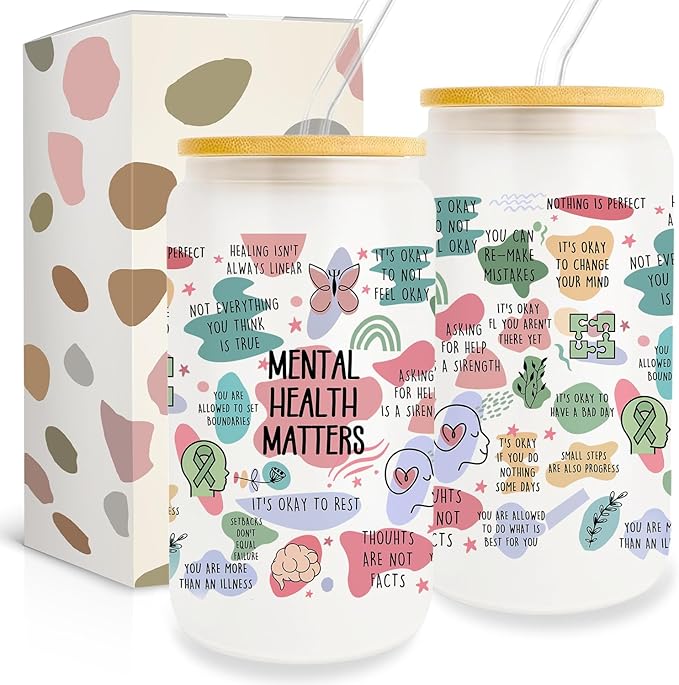 Mental Health Gifts for Women Friends, 16Oz Can Glass Cups with Lid and Straw, Inspirational Affirmations Gift, Sobriety Motivational Gifts for Female Coworker, Birthday Gifts for Women Friendship