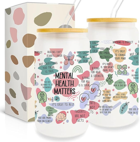 Mental Health Gifts for Women Friends, 16Oz Can Glass Cups with Lid and Straw, Inspirational Affirmations Gift, Sobriety Motivational Gifts for Female Coworker, Birthday Gifts for Women Friendship