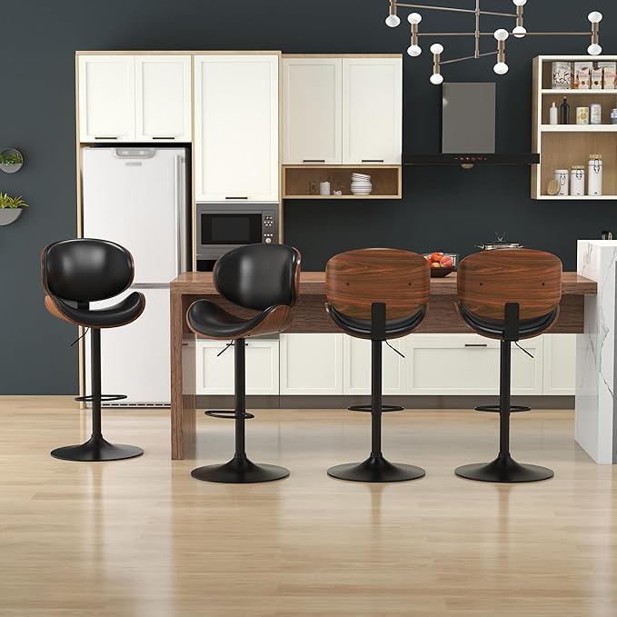 KCC Bar Stools Set of 3, Swivel Adjustable Height Barstools, PU Leather Upholstered Bar Chairs with Footrest, Bentwood Bar Stool for Kitchen, Bar, Dining Room(Black PU)