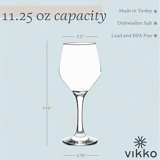 Vikko Wine Glasses, Set of 6 Stemmed Wine Glass for Red and White Wine, 11.25 Ounce Glass Goblet, Dishwasher Safe,Perfect for Parties, Weddings, and Everyday, Great Gift Idea