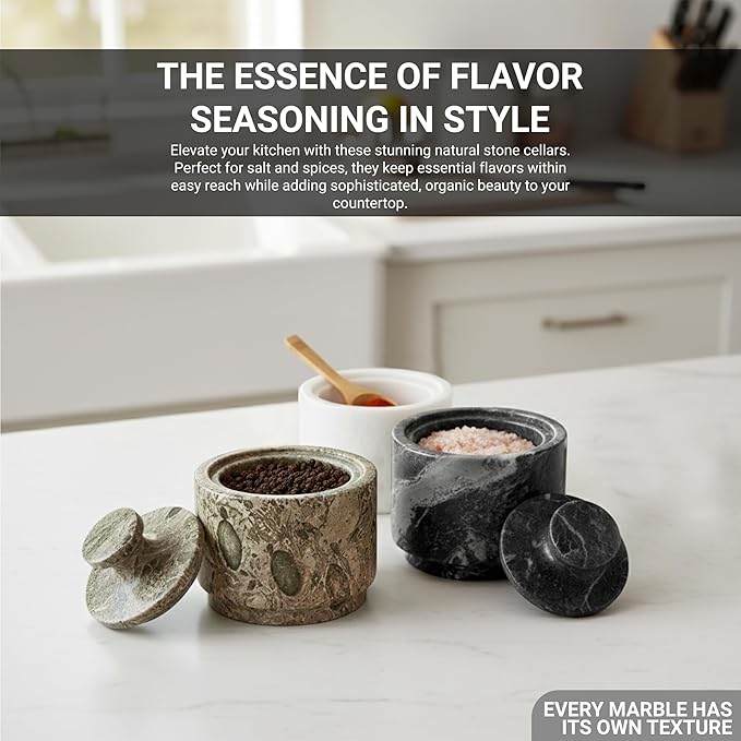 Marble Salt Cellar With Lid - Stone Salt Container And Stone Salt Holder, Spice Jars for Counter, Candy Jar & Spice Jar, Black