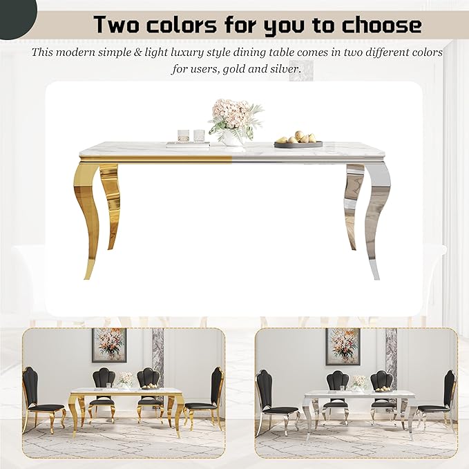 Dining Table Set for 6, 7-Piece Kitchen Table Chairs Set, Modern Dining Room Set with 70'' Marble Dinner Table and 6 Petaloid Backrest Upholstered Chairs for Kitchen, Black & Gold