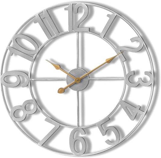 Sorbus 24-Inch Large Wall Clock – Decorative Silver Metal Clock with Gold Hands – Silent, Battery Operated, Modern Wall Decor for Living Room, Kitchen, or Office, Great Gift for Housewarming or Office