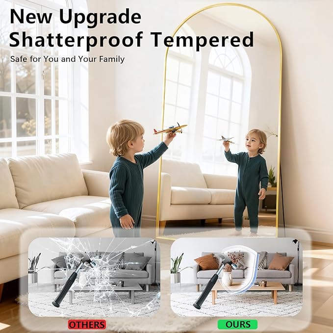 Oversized Full Length Mirror, 38"x77" Large Arched Floor Mirror Full Length with Stand, Room Decor Big Full Body Mirror with HD Tempered Glass Aluminum Frame for Bedroom Living Room, Gold