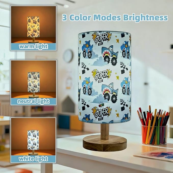 Shark Table Lamp for Boys Bedroom, Wood Base Linen Shade, Nursery Boho Lamp, 3 Level Brightness, Gifts for Boys
