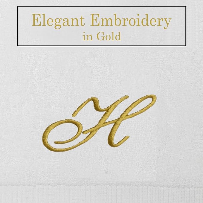 White Monogrammed Hand Towels for Bathroom - Luxury Hotel Quality Personalized Initial Embroidered Towel for Powder Room, Spa - GOTS Organic Certified - Pack of 2 Gold, Letter H