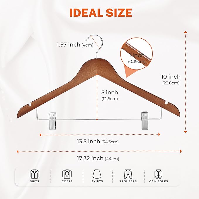 HOUSE DAY Wooden Hangers with Clips 24 Pack, Heavy Duty Walnut Wood Pants Hanger, Premium Skirt Hanger with Adjustable Clips, Solid Clip Hangers for Suit, Blouse, Dress, Coat, Jacket, Bottom