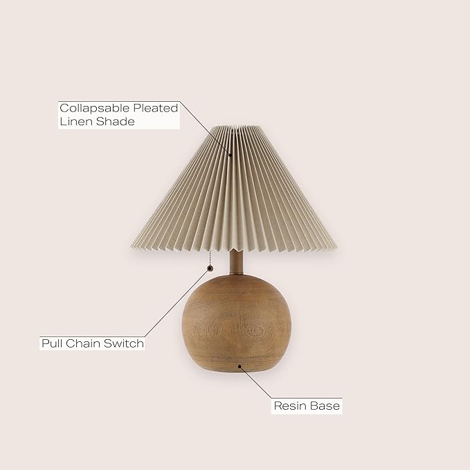 JONATHAN Y JYL1145A Aksel 17.25" Coastal Scandinavian Resin/Iron Sphere LED Table Lamp with Pleated Shade and Pull Chain, Brown Wood Finish/Beige, for Entry Console, Bedroom, Living Room