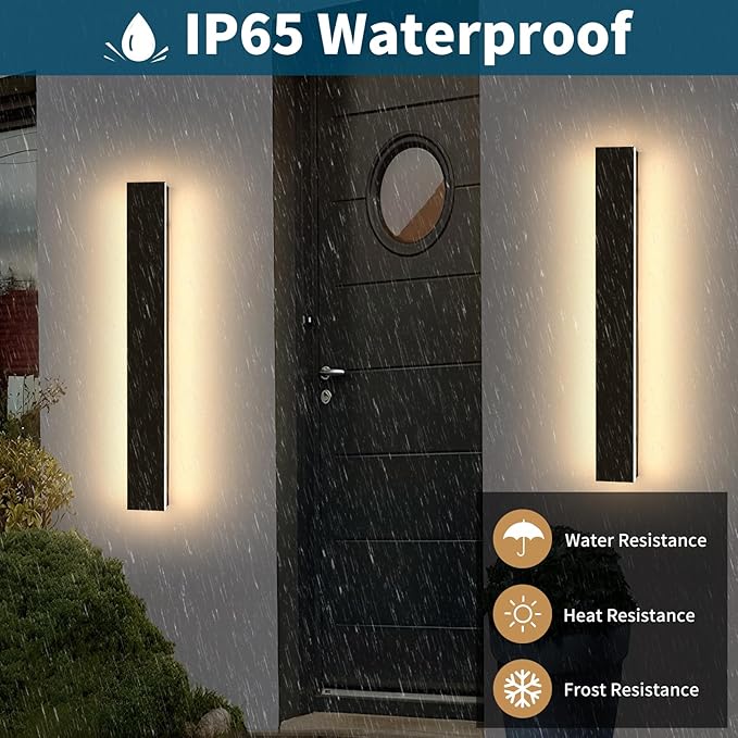 2 Pack 23.6inch Modern Outdoor Light Fixture, 3000K-6000K Dimmable LED Wall Sconce, IP65 Waterproof Black Linear Exterior Lighting for House, Porch, Patio, Garage with Remote Control