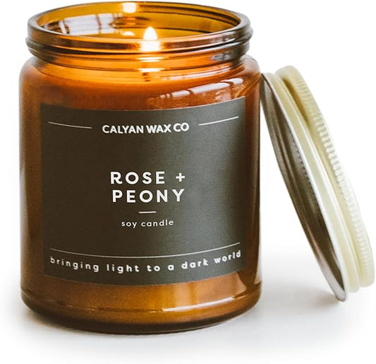 Calyan Wax Co. Rose & Peony Scented Candle - 57 Hour Burn - Luxury Non Toxic Soy Wax Candles - Long Lasting Amber Glass Jar Candle for Home - 7.2oz
