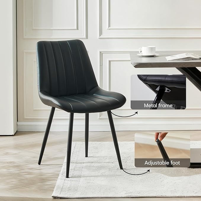 Dining Chairs Set of 6, Faux Leather Modern Linear Design Dining Chair with Metal Legs, 16.9" Seat Width Chair for Kitchen, Lounge, Reception Room, Restaurant, Commercial (Black)
