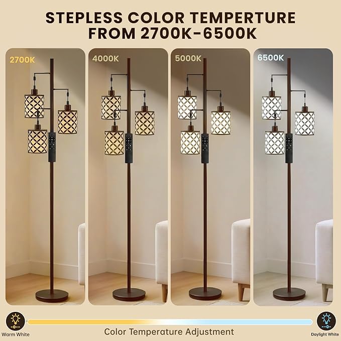 New Upgraded 72" Tall Dimmable Floor Lamp, 3 x 800LM 9W LED Bulbs Included, Farmhouse Standing Lamp with Remote Control, Industrial Tree Pole Floor Lamps for Living Room, Bedroom, Study Room - Brown