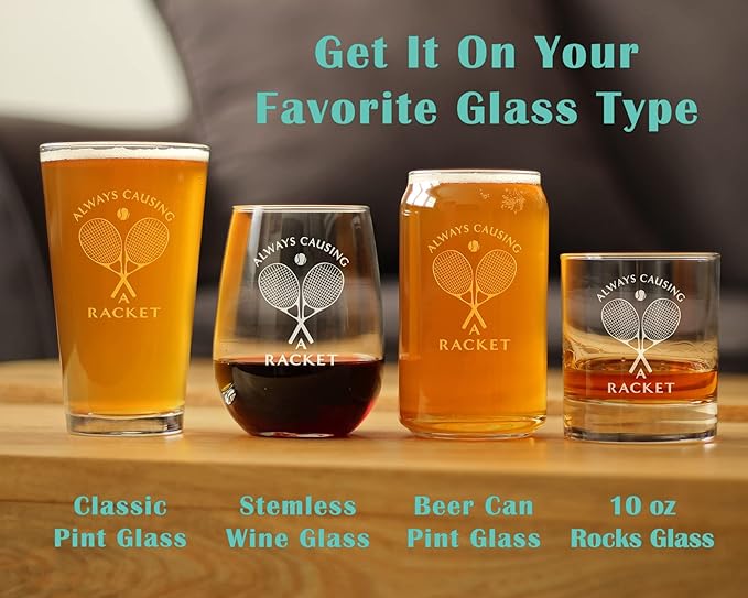 Causing A Racket - Pint Glass for Beer - Funny Tennis Themed Decor and Gifts - 16 Oz Glasses