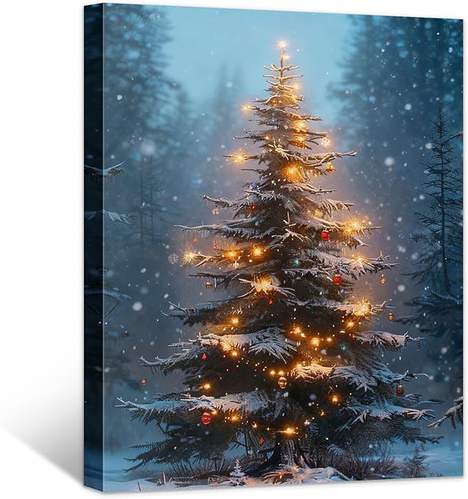 Framed Christmas Pictures Wall Decor,Vintage Pine Tree Prints,Winter Christmas Canvas Wall Art Decoration for Bedroom Bathroom Living Room Rustic Xmas Holiday Gifts (Christmas Tree 3, 12'' X 16'')