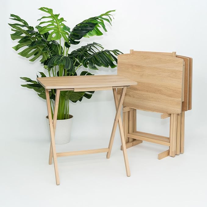 PJ Wood 5 Pack XL Oversize Tray Table for Living Room or Kitchen, Indoor TV Tray for Small Spaces and Family Gatherings, Natural Wood
