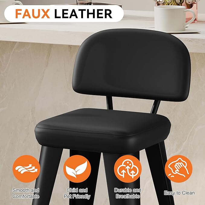 Aklaus PU Leather Metal Bar Stools 24 inch Faux Leather Counter Height Barstools Set of 4 Modern Farmhouse Bar Chairs with High Backs and Faux Leather Seat for Kitchen Island Dining Room Matte Black