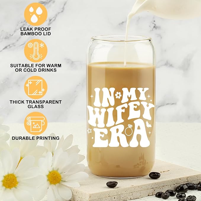 New Wifey Gifts, Bride Wedding Gift, Bridal Shower Gifts, Newlywed Present for Friend, Bride to Be Gift Idea, In My Wifey Era Ice Coffee Cup, Newly Married, Wife Present, 16OZ Glass Cup w/ Lid & Straw