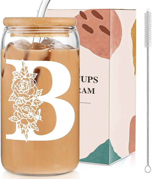 DWTS DANWEITESI Birthday Gifts for Women: Initial Glass Cup as Office Graduation Memorial Holiday Personalized Gifts - for Husband Aunt Uncle Teen Boy Employee Coworkers Him and Her - B Aesthetic Cup