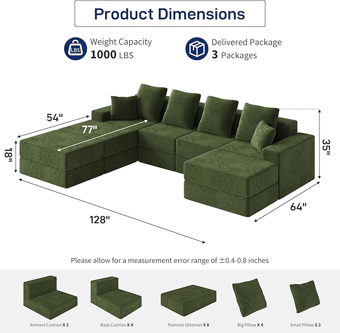 Living&Giving 128" U-Shaped Cloud Sectional Couch for Living Room, Cloud Boneless Couch-No Assembly with Reversible Chaise, Customizable 4-Seat Modular Sectional Sofa with 3 Ottoman, Green