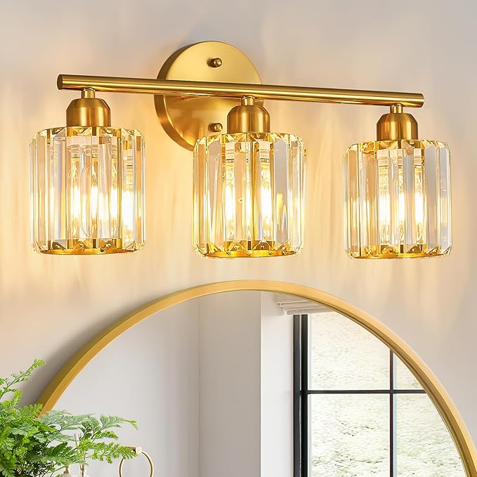 Modern 3 Light Crystal Vanity Light, Brushed Gold Vertical Bathroom Light Fixture Over Mirror for Dressing Table Sink, Compatible with Dimmable Bulbs (Bulbs Not Included)
