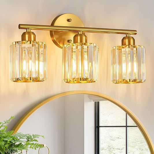 Modern 3 Light Crystal Vanity Light, Brushed Gold Vertical Bathroom Light Fixture Over Mirror for Dressing Table Sink, Compatible with Dimmable Bulbs (Bulbs Not Included)