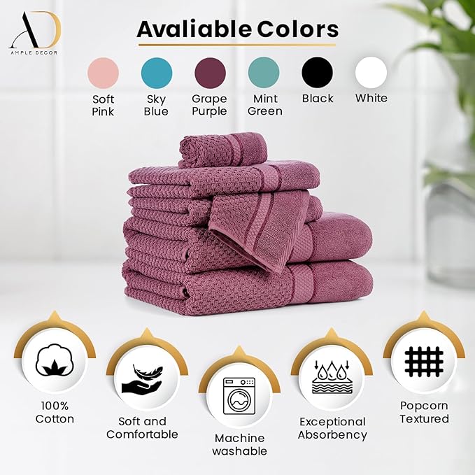 Ample Decor Washcloth Set of 200 Grape Purple 100% Cotton - Qucik Dry Popcorn Textured - Mulaayam Collection - 12 X 12 Inch
