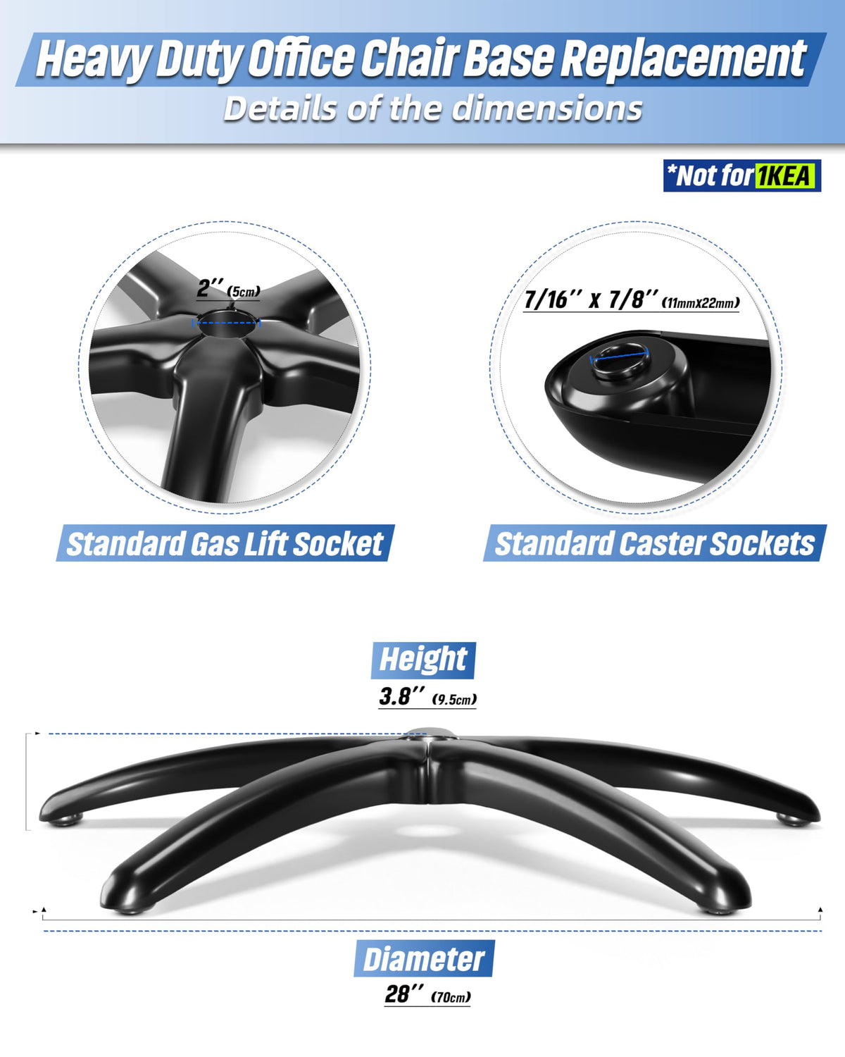 Sytopia 28" Heavy-Duty Office Chair Base Replacement with Wheels (Set of 5), Metal Base with Casters, Total Height: 7.5" (18.9 cm), Compatible with 2" Gas Cylinder
