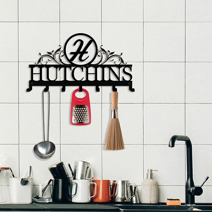 Custom Metal Key Holder for Wall – Personalized Family Name Monogram Rack with 7 Hooks for Entryway, Front Door, Kitchen, Bathroom, Living Room Bedroom, Anniversary Couple Gift