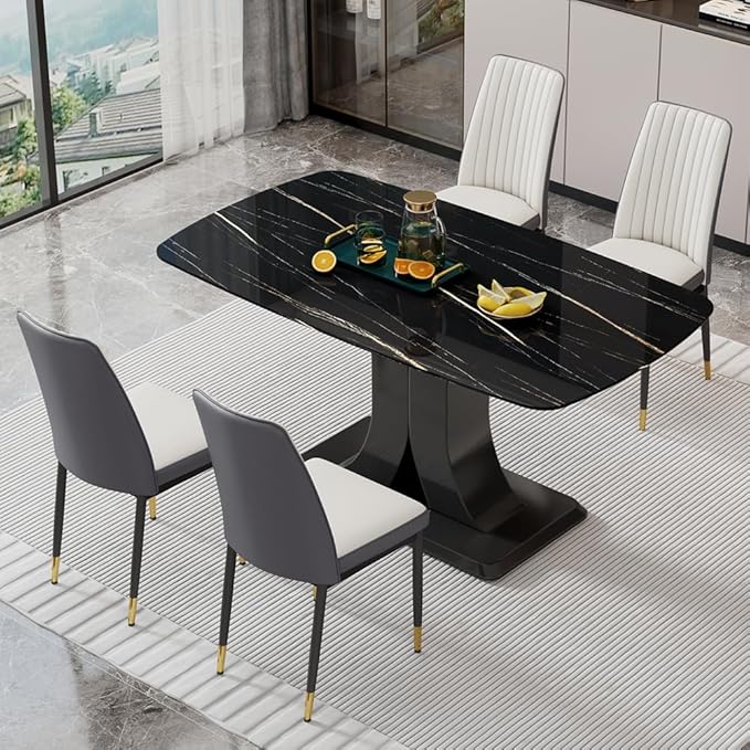 Modern Dining Table Set for 4, Marble Kitchen Table Chair Set for 4, Rectangular Kitchen Table with PU Leather Upholstered Chair for Dining Room (Off White-C)