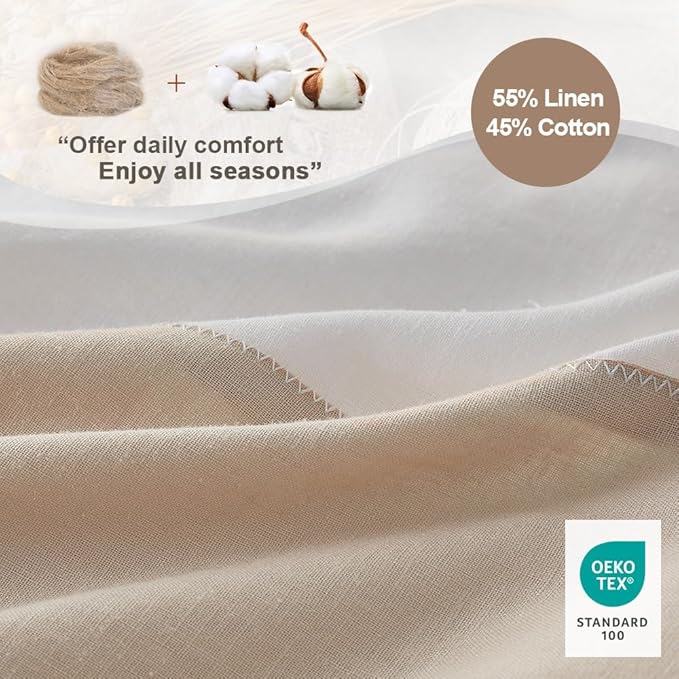 Simple&Opulence French Linen Duvet Cover Set with Stripe 88”x92”, 3 Pieces(1 Comforter Cover and 2 Pillow Shams) Rustic Natural Flax Cotton Blend(Queen,White and Linen)