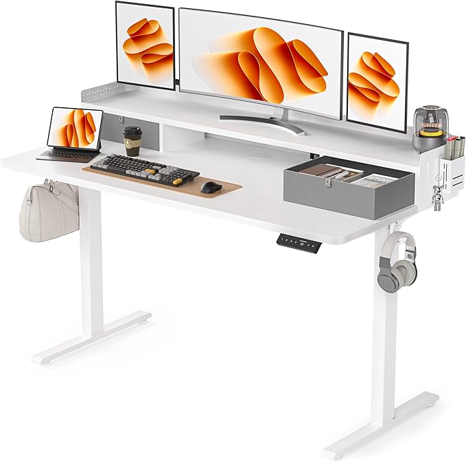 55x24 Inches Electric Standing Desk with 2 Drawers, Height Adjustable Stand up Desk for Home Office, Ergonomic Sit to Stand Table with Storage Shelf, DIY Board, Hooks, White