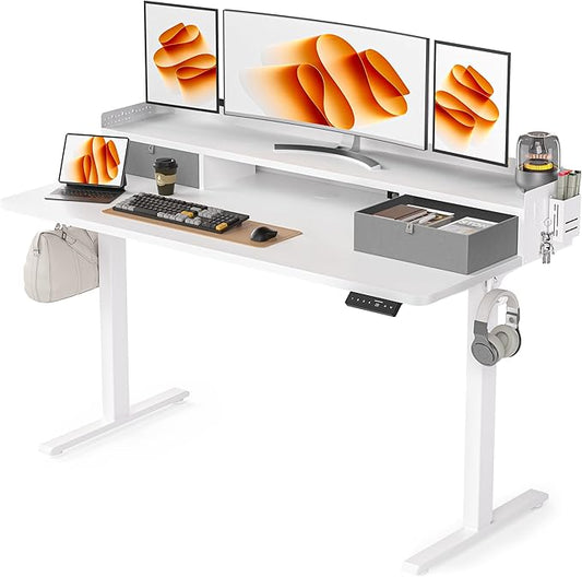 55x24 Inches Electric Standing Desk with 2 Drawers, Height Adjustable Stand up Desk for Home Office, Ergonomic Sit to Stand Table with Storage Shelf, DIY Board, Hooks, White