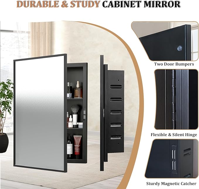 Recessed Medicine Cabinet with Mirror 16x24 inch, Mirrored Medicine Cabinets for Bathroom, Black Bathroom Mirror with Storage, Metal Medicine Cabinet with Mirror, 2 Adjustable Metal Shelves