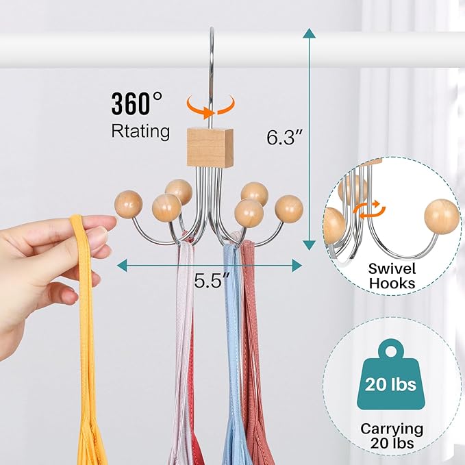 TOPIA HANGER Hoodie Hangers with 6 Wood Balls, Purse Hanger, Scarf Hanger, Wooden Closet Hooks, Handbag Organizer, Bra Hanger, Accessory Organizers for Scarf, Tanktop, Hat, Sweatshirt CT81N