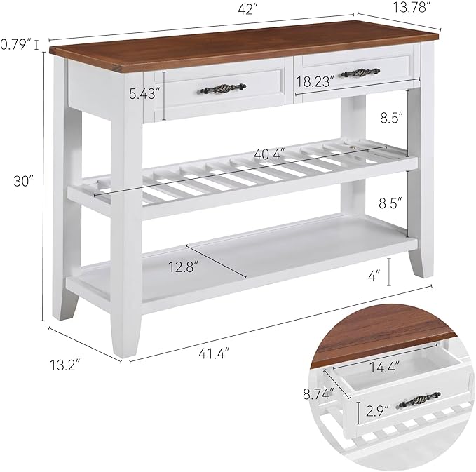 Retro Design Console Table with Two Open Shelves, Pine Solid Wood Frame and Legs for Living Room