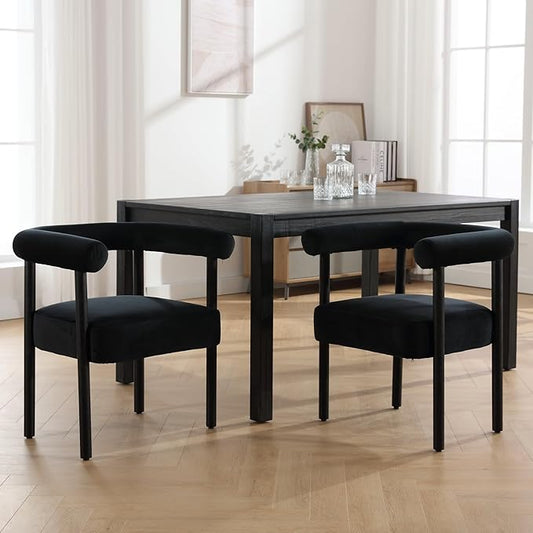 Mid-Century Modern Dining Chairs Set of 2, Armrest Barrel Dining Chairs Side Accent Chairs with Curved Back, Upholstered Wood Armchairs for Kitchen, Velvet Black