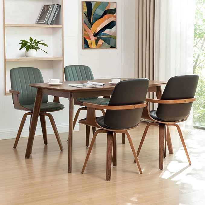 Set of 1 Swivel Dining Chairs, Kitchen Swivel Chairs with Walnut Craftsmanship, Upholstered Faux Leather, Wooden Arms and Legs, Walnut Dining Chairs for Kitchen/Living Room - Black