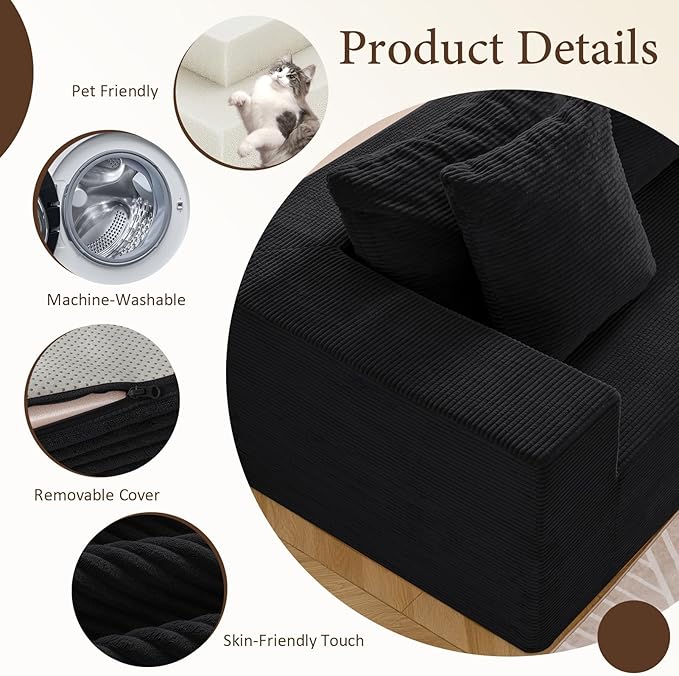 INGEROOM 108" Cloud Sectional Couch with L-Shape Chaise, Modular Sofa Memory Foam, Boneless Sofa with Movable Ottoman, Plush Corduroy Memory Foam Couch for Living Room, No Assembly, Black