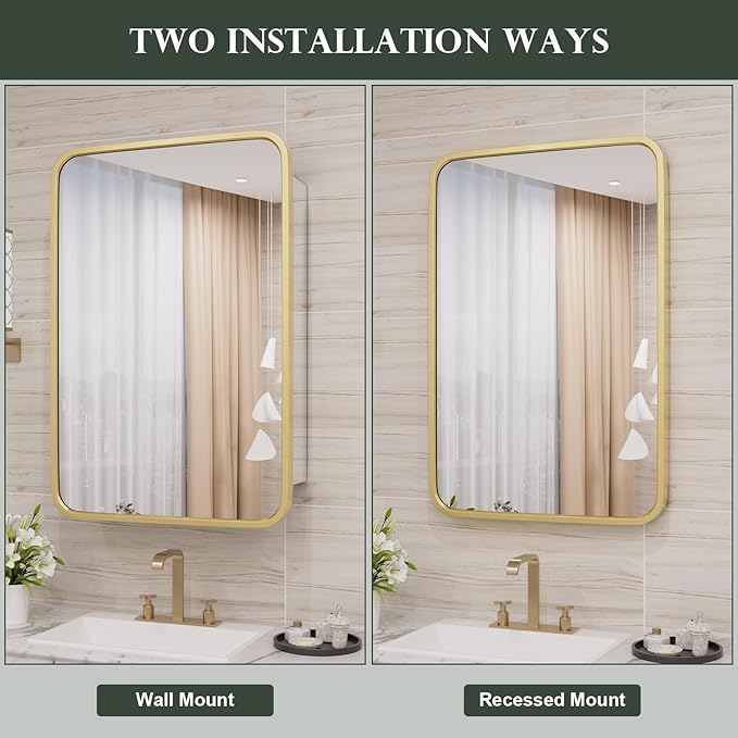 WallBeyond Bathroom Medicine Cabinet with Mirror, 16x24 Inch Gold Recessed Medicine Cabinet with Round Corner Aluminum Alloy Metal Framed.